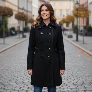 White House Black Market Wool Peacoat Winter Dress Coat with Leather Trim XS